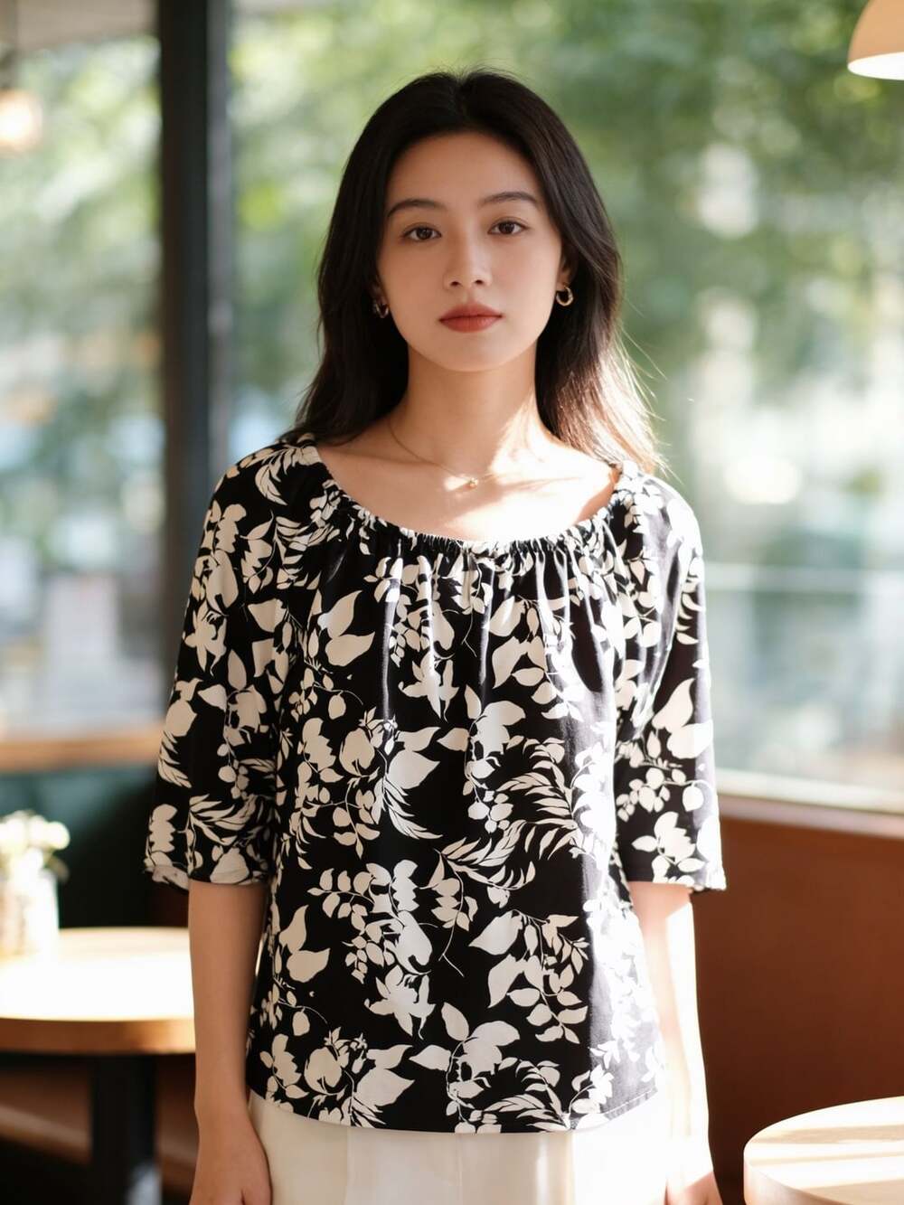 J.Jill Wearever Collection Black And White Floral Three-Quarter Sleeve Blouse